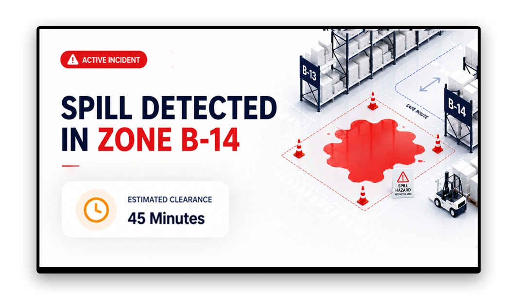 Warehouse safety alert displayed on floor digital screen